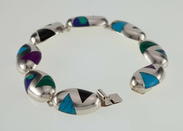 Vintage Mexico Sterling Silver Multi-Color Inlay Pie Cut Stone Bracelet 7.75&quot; - £284.14 GBP