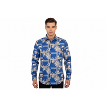 Men Sports Shirt by DE-NIKO Long Sleeves Fashion Print Soft Modal DSA125 Navy image 5