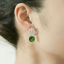 5 Ct Cushion Cut Green Emerald &amp; Diamond Sterling Silver Dangle Earrings... - £85.35 GBP