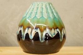 Vintage Art Pottery Teal Green Brown Drip Glaze Textured Scale Ribbed Pattern - £35.56 GBP