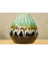 Vintage Art Pottery Teal Green Brown Drip Glaze Textured Scale Ribbed Pattern - £35.13 GBP
