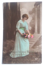 Happy be your Birthday Portrait Young Lady w/ Flowers Antique Postcard c1910s - £7.85 GBP
