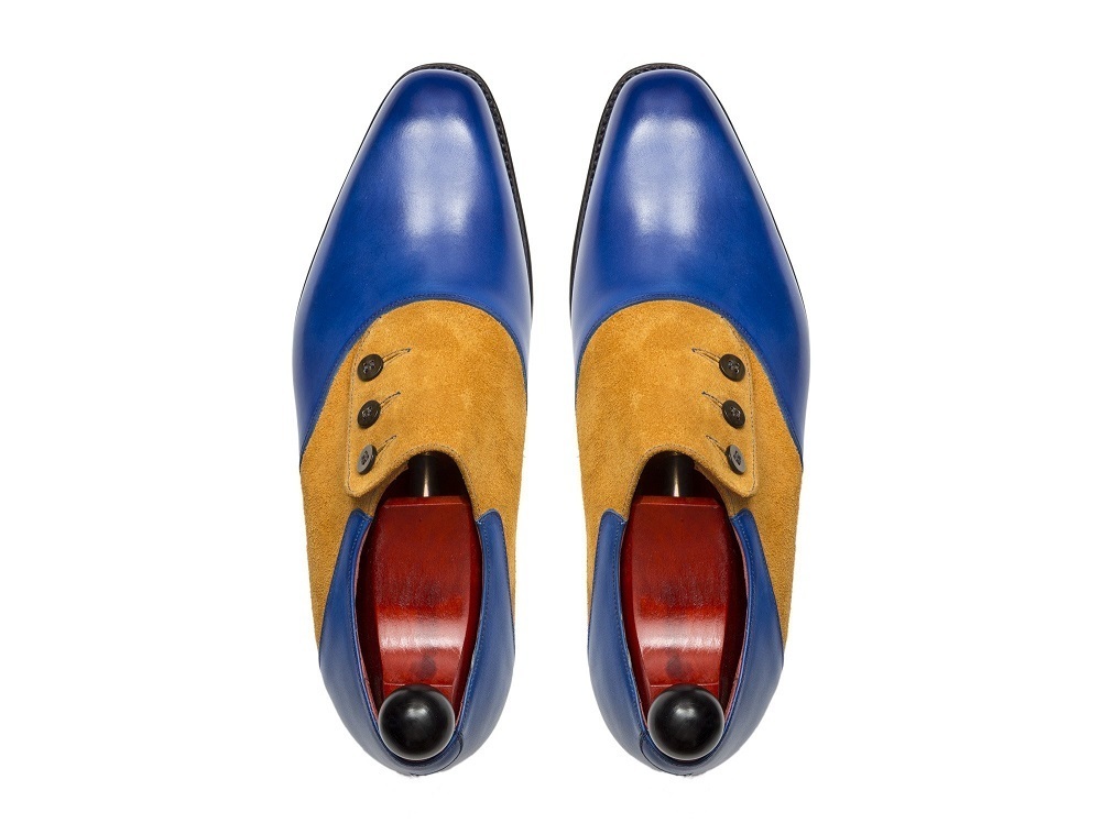Men's Tan Suede Blue Genuine Leather Derby Toe Two Tone Spectator Button Shoes