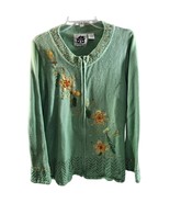 StoryBook Knits Sz L CHRISTMAS POINSETTIAS Green Front Zip Sweater Cardi... - $33.64