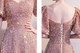 BLUSH PINK Maxi Sequin Dress GOWNS Vintage Sleeved High Waist Sequin Prom Dress image 8