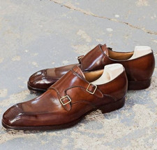 Handmade Men&#39;s Decent Pant Coat Double Monk Brownish Genuine Leather Shoes - £127.40 GBP