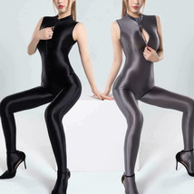 Women&#39;s Satin Shiny Wet Look Jumpsuit Zipper Bodysuit Sleeveless Catsuit Rompers - £17.23 GBP
