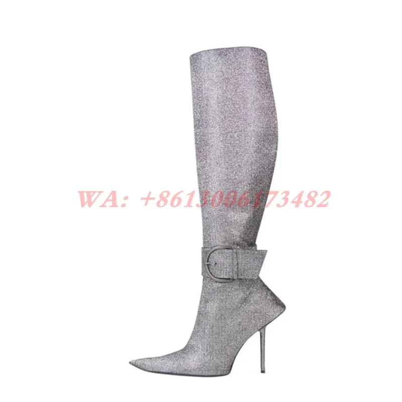 Sexy Lady New Designer Pointed Toe High Heel Large Buckle Knee High Boots Design - £129.41 GBP