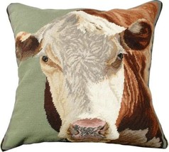 Throw Pillow Needlepoint Cow 20x20 Sage Green Cotton Velvet Back Wool Zippered - £246.10 GBP