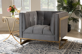 Herald Gray Velvet Fabric Button Tufted Armchair w/Gold-Tone Frame - $15,073.12 MXN