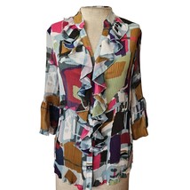 Multicolor Abstract Print Sheer Ruffle Blouse Size Large - £19.39 GBP