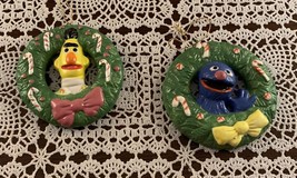Two Sesame Street Ceramic Ornaments Vintage 1988 Bert Grover In Wreath 3 Inch - £9.44 GBP