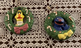 Two Sesame Street Ceramic Ornaments Vintage 1988 Bert Grover In Wreath 3 Inch - £9.33 GBP