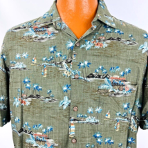 Batik Bay Aloha Hawaiian Shirt L Green Palm Trees Tiki Hut Sailboats Island - £31.69 GBP