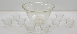 *N) Vintage Large Scalloped Grape Vine 8-Glass Cup Punch Bowl Set - £23.25 GBP