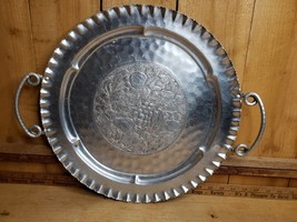 Vintage Cromwell Hand Wrought Aluminum 15.5&quot; Tray Handles Fruit Flowers ... - $58.47
