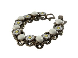 Vtg Daisy Chain Silver Tone Bracelet Enamel White Cabochon Missing Safet... - £22.44 GBP