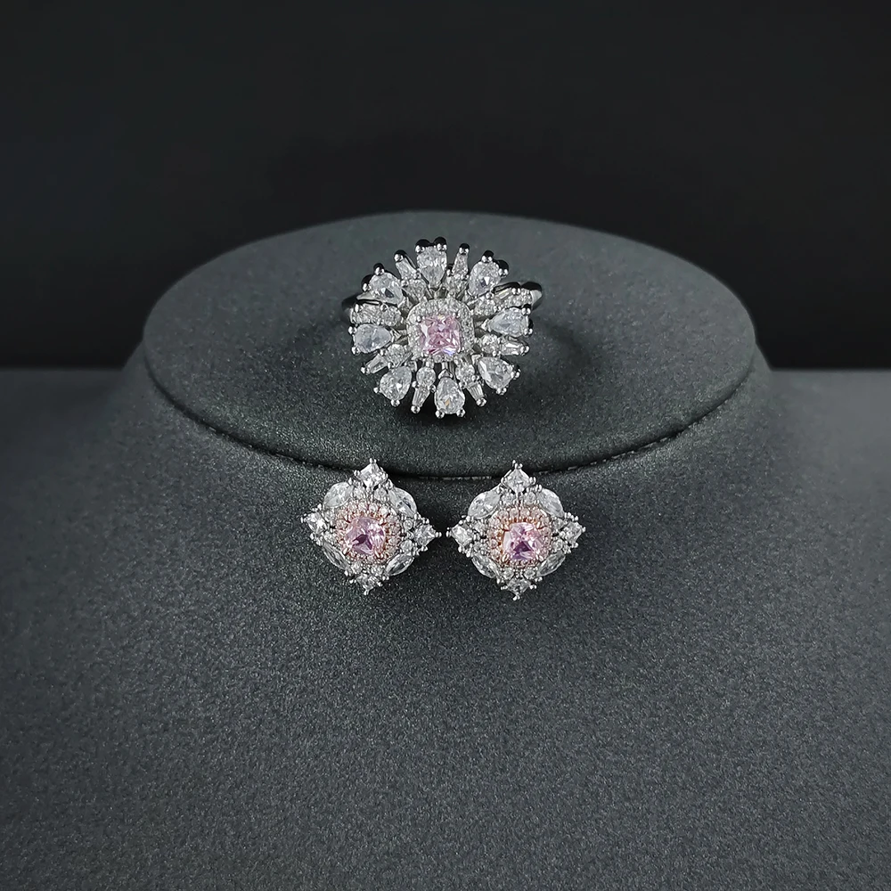 New Fashion Pink silver color bride Dubai Jewelry Set Earring Open Ring for Wome - £17.40 GBP