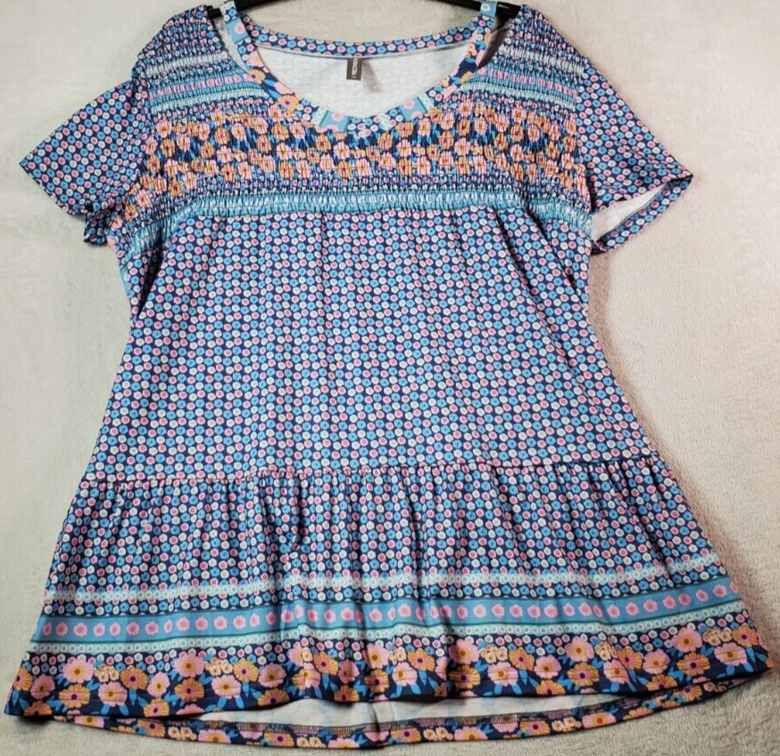 Noracora Mini Dress Womens Size Large Blue Multi Floral Short Sleeve Rou... - $12.57