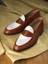 Men&#39;s Brown White Contrast Penny Loafer Slip On Premium Quality Leather Shoes - $149.99+