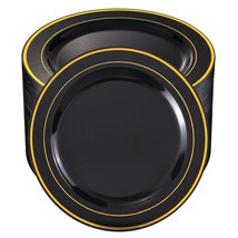 100Pieces Plates New Year Plates Black Plastic Plates With Gold Rim-10.25 Inch D - £68.90 GBP