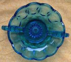 Vintage Indiana Double Handle Glass Round Cobalt Blue Thumbprint Candy Dish - $16.36