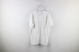Vintage 90s J Crew Mens Medium Distressed Spell Out Care Label T-Shirt White USA - £34.91 GBP