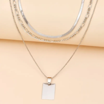 High Fashion Three Layer Tag Pendant Necklace Silver - £9.79 GBP