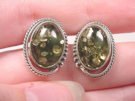 (PE36-1V) Green Amber Poland .925 Sterling Silver Oval Stud Earrings Jewelry - £32.12 GBP