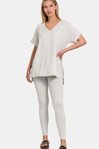 Zenana V-Neck Rolled Short Sleeve T-Shirt and Leggings Lounge Set - $31.62