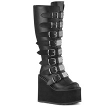 DEMONIA SWING-815WC Wedge Platform Wide Calf Buckle Straps Black Knee High Boots - £106.29 GBP