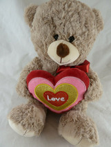 Love Heart Teddy Bear Light Brown Plush 14” Stuffed Animal Hug Fun toy - £9.40 GBP