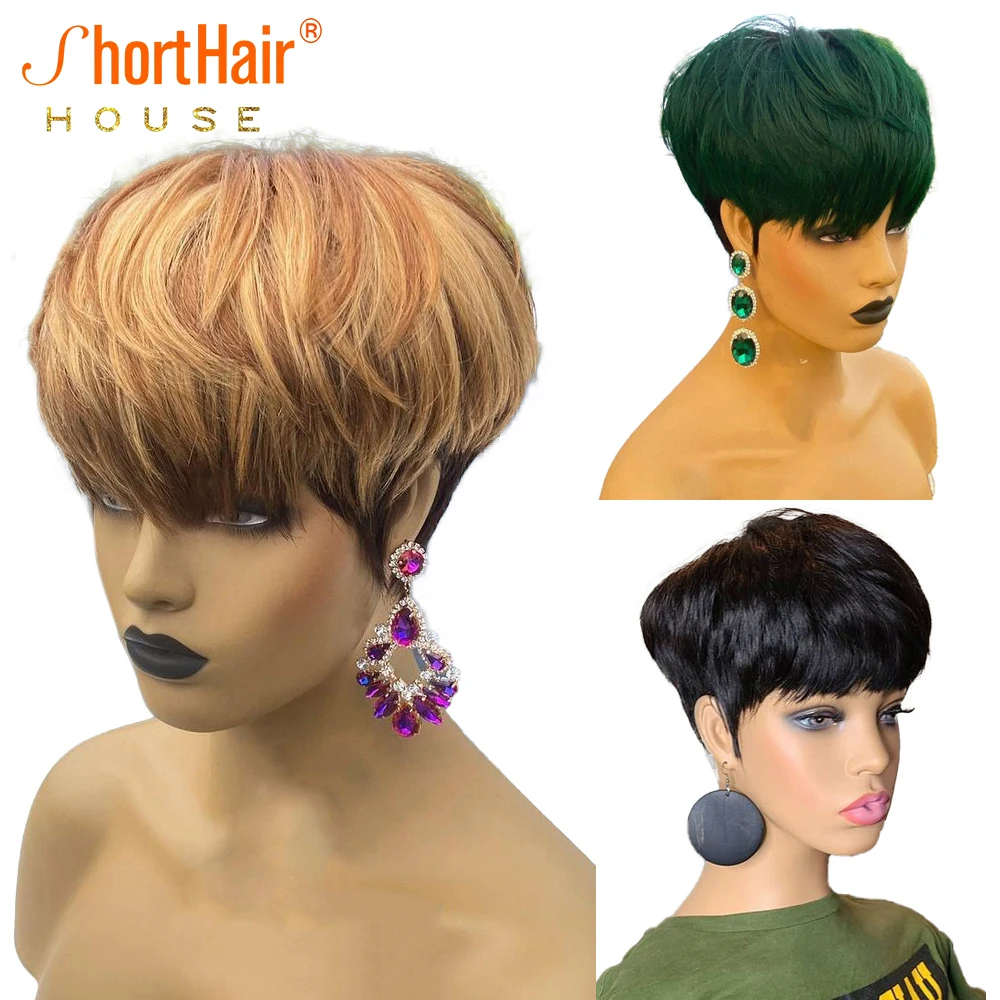Ion beauty color highlight human hair wig pixie short cut bob wig for black women green thumb200