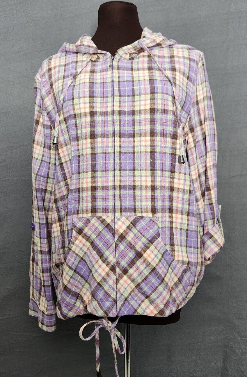 Christopher &amp; Banks Womens Hoodie Jacket Sz M Plaid Linen Blend Zip Up &amp;... - $19.95