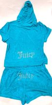 Juicy Couture Bling Terry Short Sleeve Hoodie &amp; Shorts Set Coastal Teal ... - €60,09 EUR