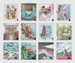 Postal Sampler cross stitch nature patterns set of 12 - Spring stamps cr... - $38.99