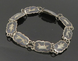 SIAM 925 Sterling Silver - Vintage Niello Enamel Dancer Chain Bracelet - BT7018 - £43.01 GBP