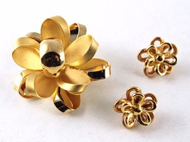 Vintage Curved Flowers Pin and Pierced Earrings - Classic Matching Set -... - £14.15 GBP