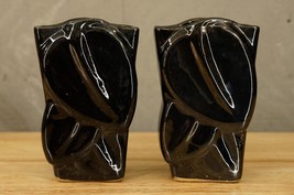Vintage MCM Mid Century Modern DRYDEN Pottery 955 Pair Black Leaf Flower Vases - £38.47 GBP