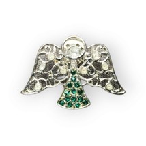 Vintage Filigree Angel Lapel Pin White &amp; Green Rhinestones Silver-tone Brooch - £3.92 GBP