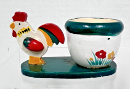 Hand Painted Wood Rooster and Egg Cup Floral White Green Reds Cute 3 1/4... - $18.32