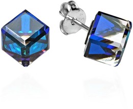 Navy Blue Crystal Prism Cube .925 Sterling Silver Stud Earrings - £35.20 GBP