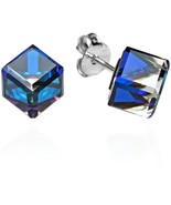 Navy Blue Crystal Prism Cube .925 Sterling Silver Stud Earrings - £35.21 GBP