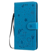 Anymob iPhone Blue Leather Flip Case Embossing Cat and Bee Cover - £21.27 GBP