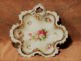 Vintage Lipper &amp; Mann Handpainted Floral, Crimped Edge, 24Kt Gold Accented Dish - £22.58 GBP