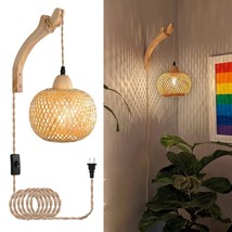 Frideko Bamboo Lantern Plug In Wall Sconces Wicker Lamp With Plug In Cord Hand W - £36.35 GBP