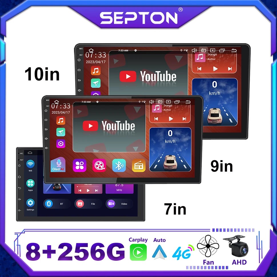 SEPTON Android 12 Universal 7 9 10 inch Multimedia Stereo Touch screen Car Radio - £66.13 GBP+