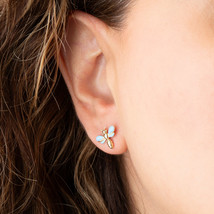 14K Solid Yellow Gold Small Dragonfly Stud Earrings Turquoise Enamel - £167.78 GBP