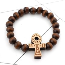 Brown Egyptian Ankh Cross Bracelet Round Wooden Bead Beaded Bangle Jewelry 7.5&quot; - £13.15 GBP