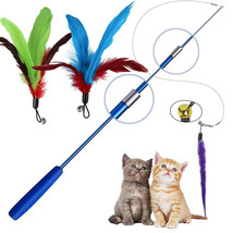 Cat Interactive Toy Feather Teaser Stick Wand Pet Retractable Feather Bell Refil - £9.96 GBP+